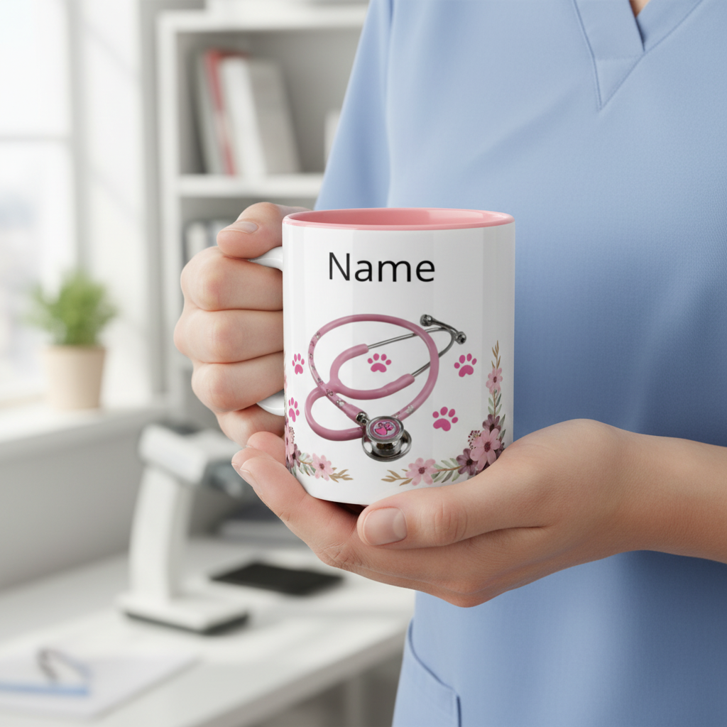 Person in scrubs holding personalized stethoscope mug with pink interior