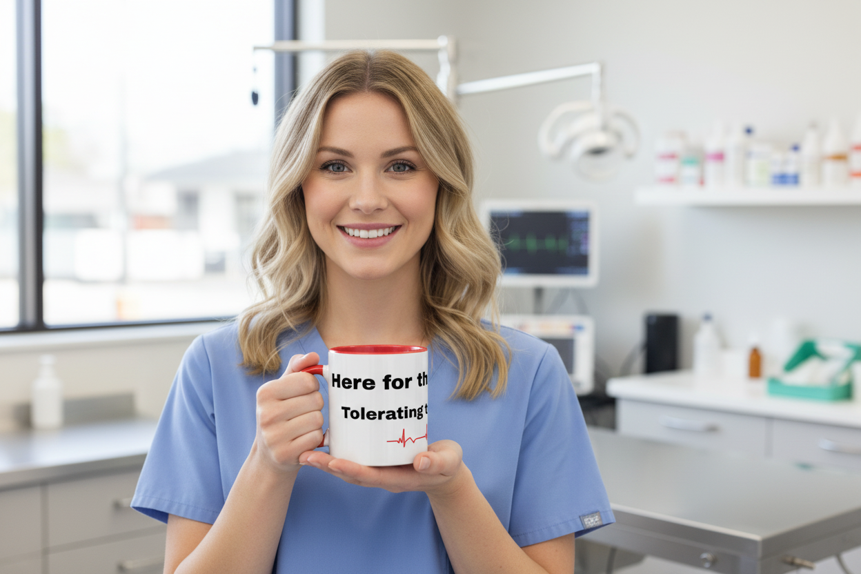 Blonde vet tech holding Here For The Animals Tolerating The Humans Mug