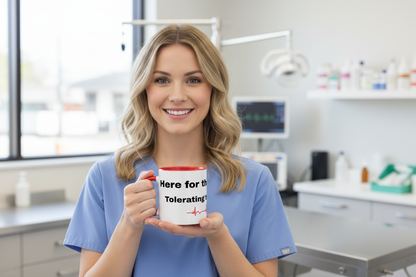 Blonde vet tech holding Here For The Animals Tolerating The Humans Mug