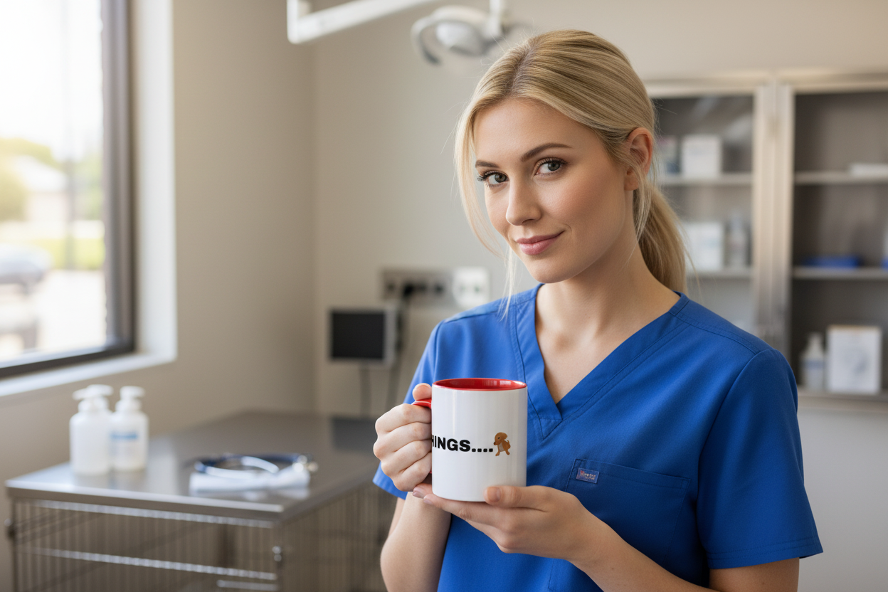 Blonde vet tech side-eyeing camera with I've Seen Things Mug
