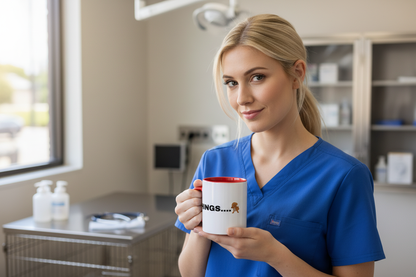 Blonde vet tech side-eyeing camera with I've Seen Things Mug