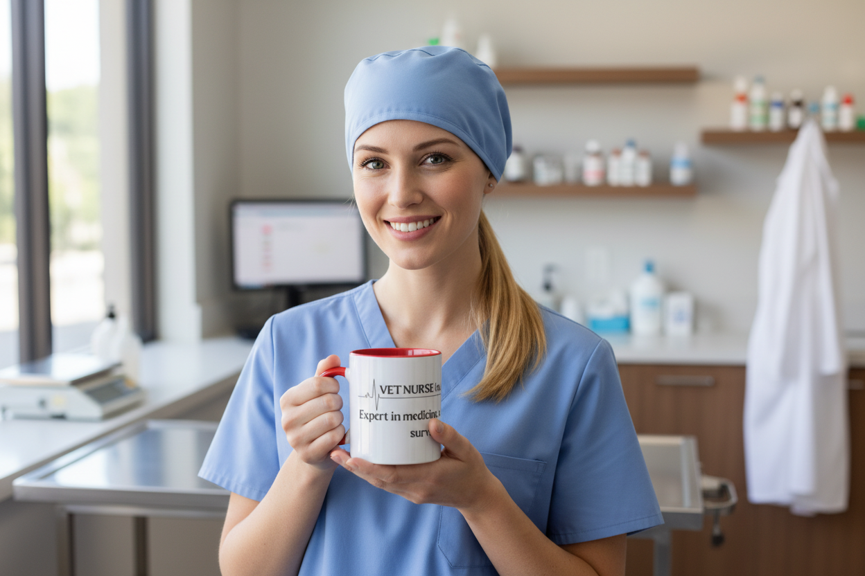 Blonde vet tech woman holding Vet Nurse Expert Mug