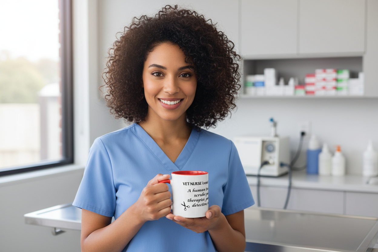 Different vet tech with curly hair holding Vet Nurse Life Mug