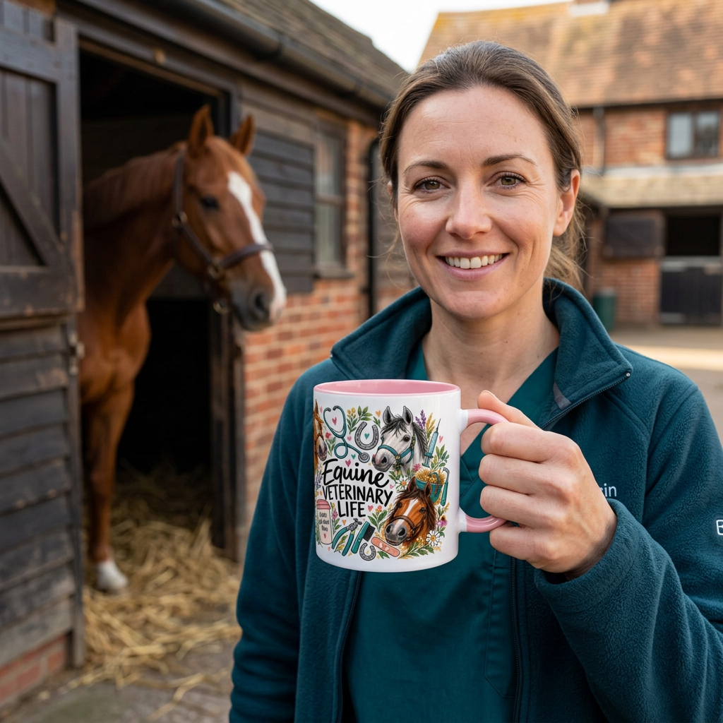 Equine vet holding the Equine Veterinary Life mug