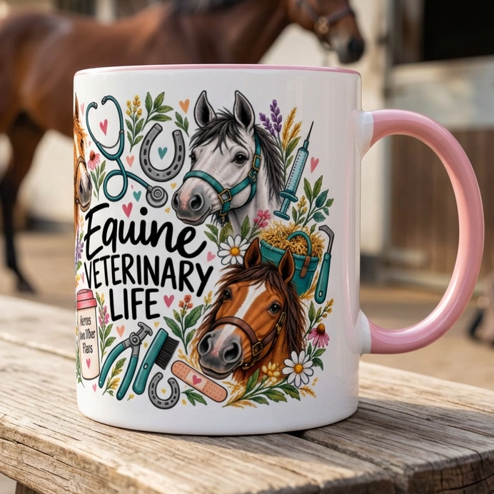 Equine Veterinary Life mug in a stable setting