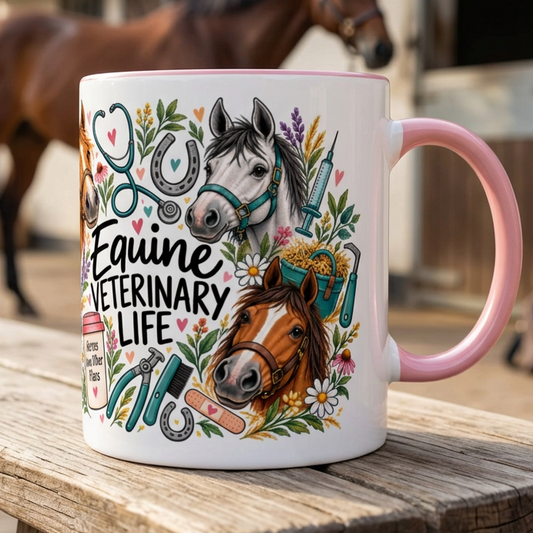Equine Veterinary Life mug in a stable setting
