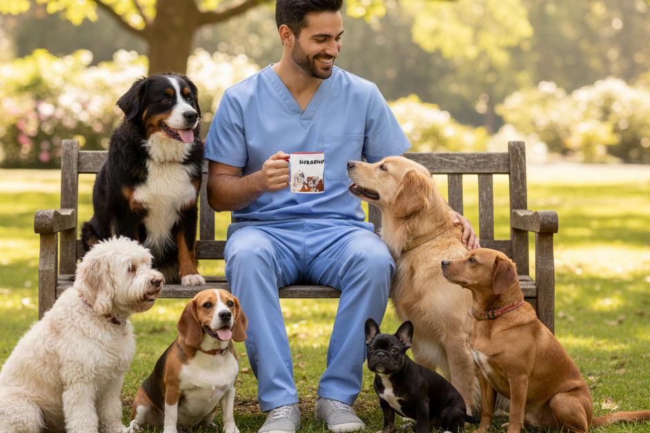 Male vet professional outdoors with dogs holding actual Surrounded By Dogs Mug