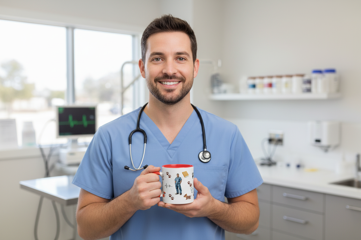 Male vet tech holding Vet Life Man Mug