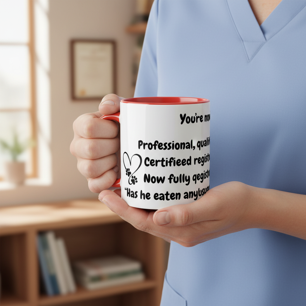 Person holding newly qualified vet mug with custom design