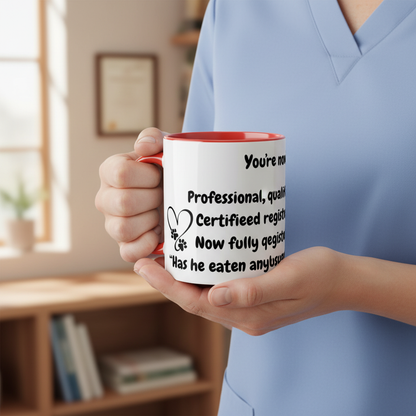 Person holding newly qualified vet mug with custom design