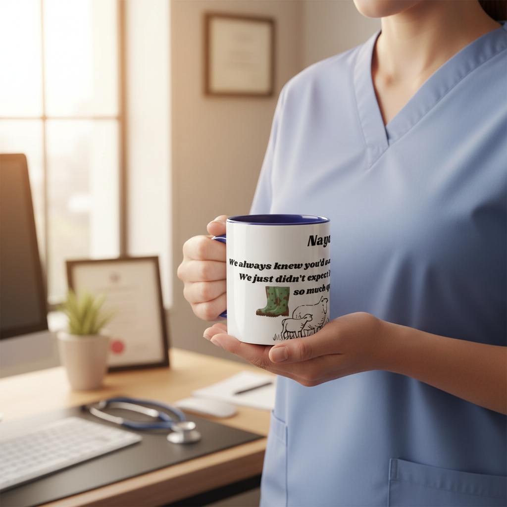 Person in scrubs holding mug with farm design