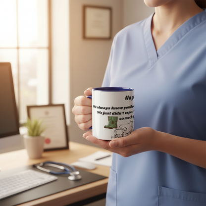 Person in scrubs holding mug with farm design