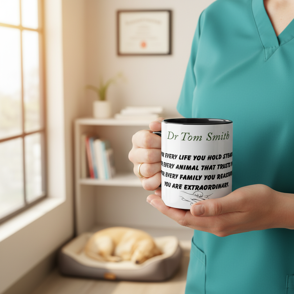 Person in scrubs holding personalized Dr Tom Smith mug
