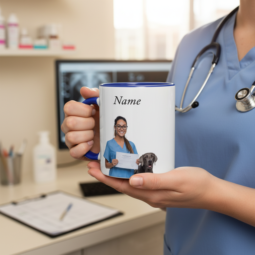 Person in scrubs holding personalized photo mug