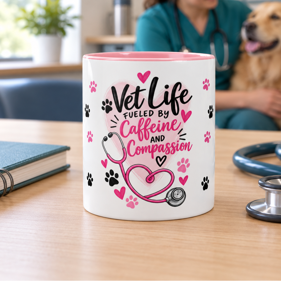 Pink Vet Life mug in a natural veterinary clinic lifestyle setting