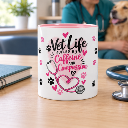 Pink Vet Life mug in a natural veterinary clinic lifestyle setting