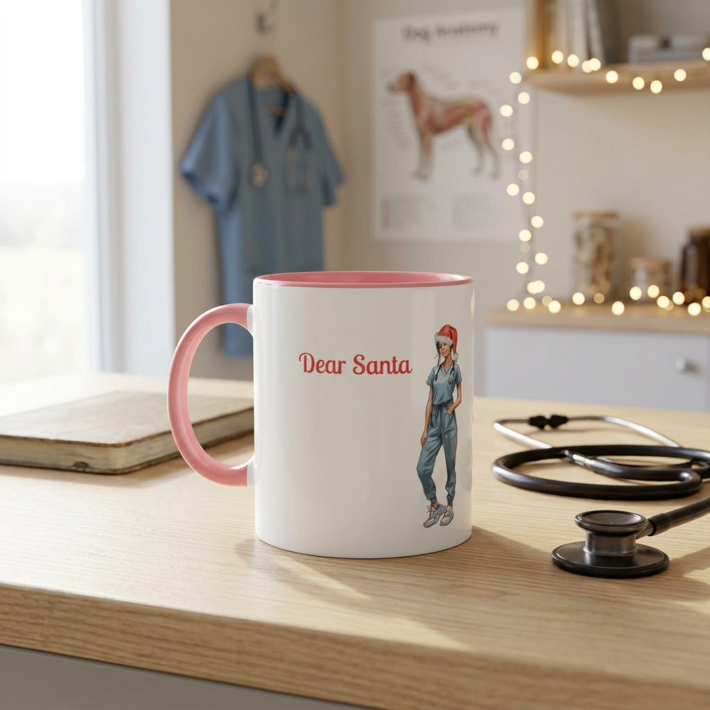 Pink veterinary Christmas mug in a veterinary staff-room setting