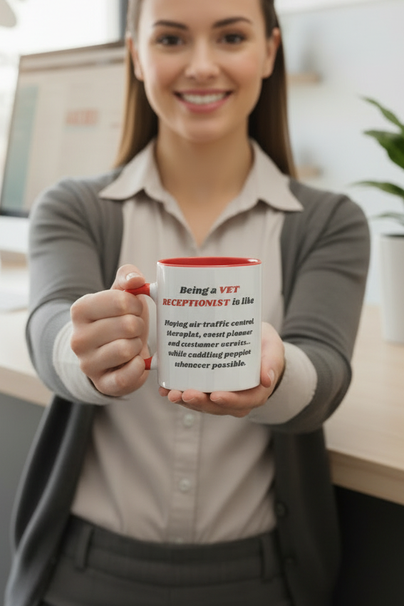 Receptionist with mug at reception desk