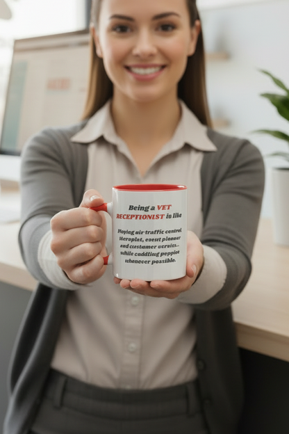 Receptionist with mug at reception desk