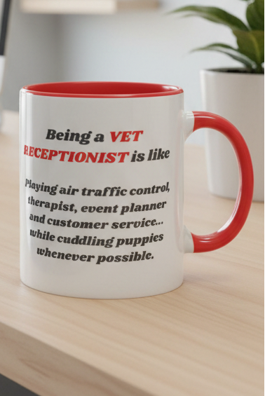 Red Air Traffic Control Mug on vet reception desk