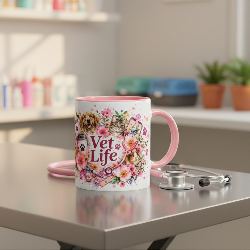 Vet Life mug in vet clinic setting