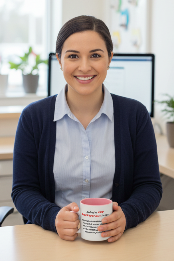 Vet receptionist holding Air Traffic Control Mug