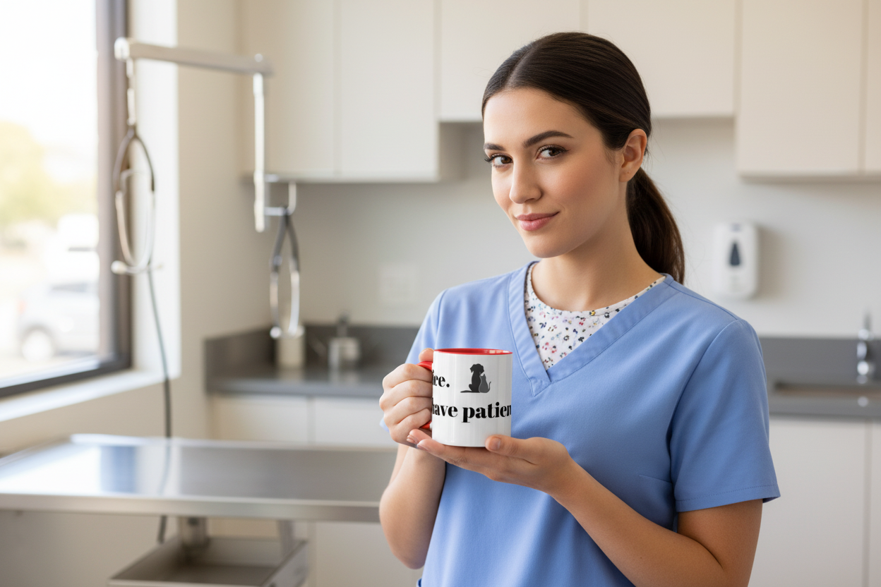 Vet tech side-eyeing camera with Be Nice I Have Patients Mug