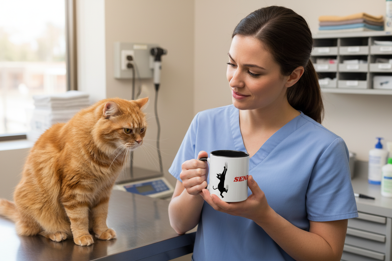 Vet tech with actual Send Help Mug and vicious-looking cat