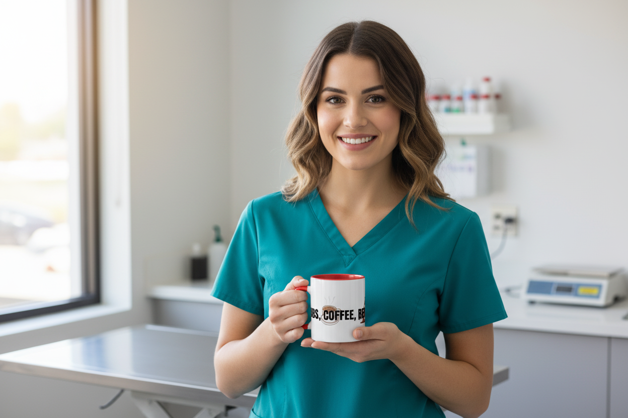 Vet tech with brown hair in teal scrubs holding Scrubs Coffee Repeat Mug