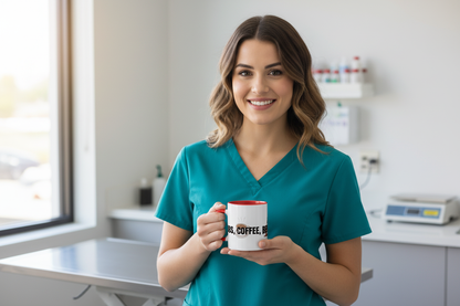 Vet tech with brown hair in teal scrubs holding Scrubs Coffee Repeat Mug