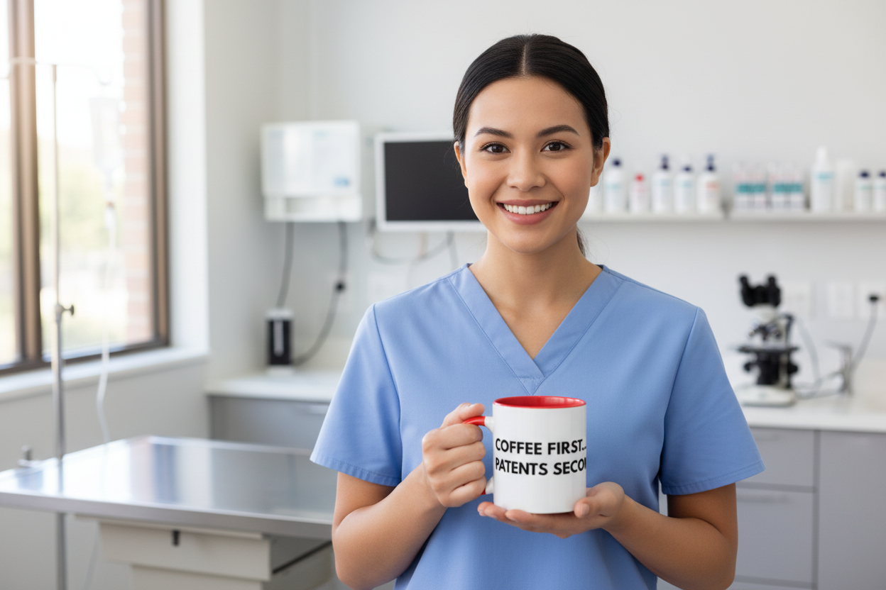 Vet tech woman holding Coffee First Patients Second Mug