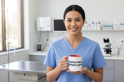 Vet tech woman holding Coffee First Patients Second Mug