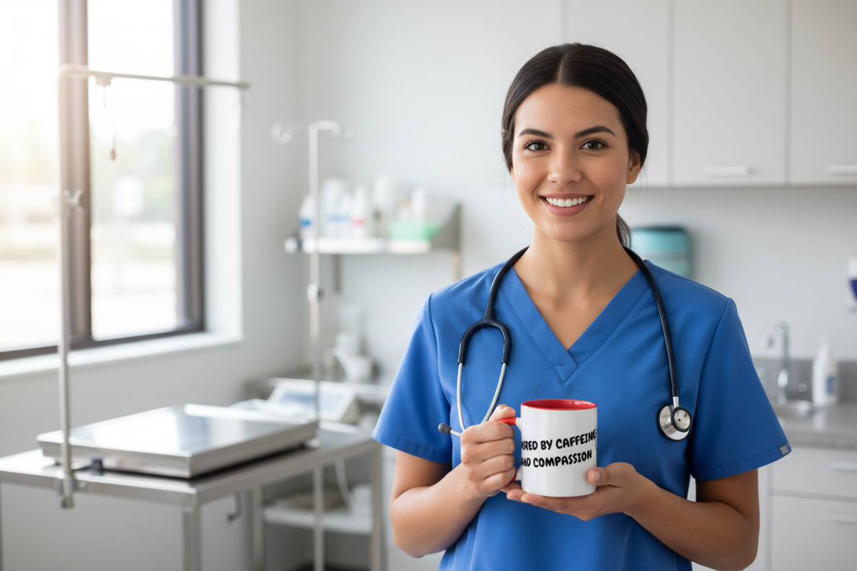 Vet tech woman holding Powered By Caffeine And Compassion Mug