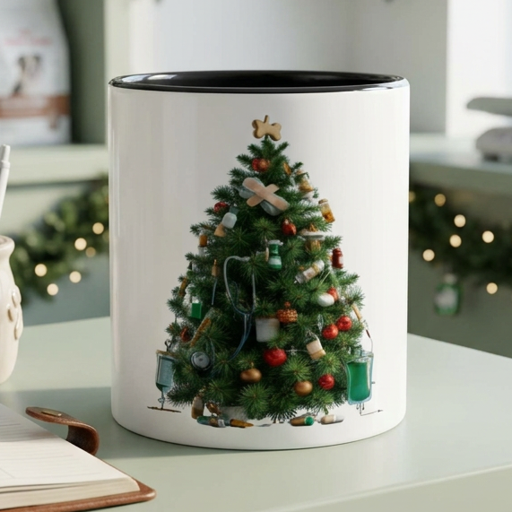 Veterinary Christmas tree mug on a sage reception counter