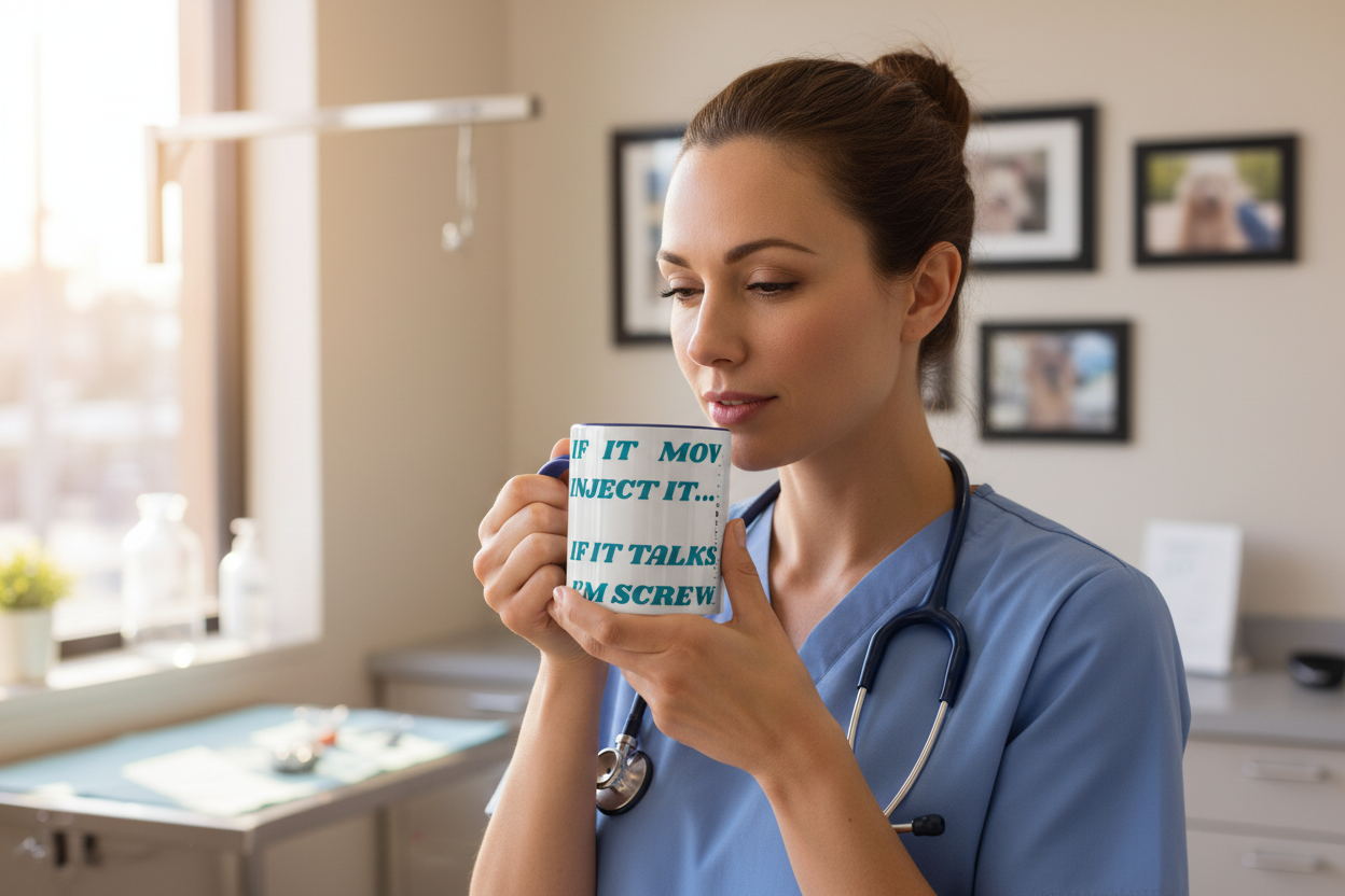 Veterinary Professional with Blue Mug