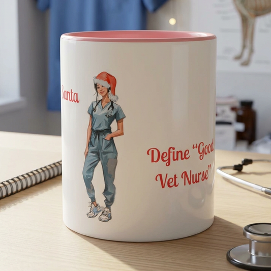 Veterinary-setting mug mockup showing the nurse and wording together
